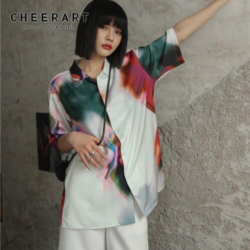 CHEERART 2021 Fashion Women Color Block Shirt Summer Y2k Top Short Sleeve Button Up Collared White Colorblock Designer Shirt