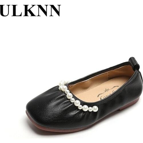 ULKNN Kids Slip On Shoes For Girls Ruffle Children Party Leather Shoes Elegant Beige Kid Beading Princess Shoes Baby Schoenen