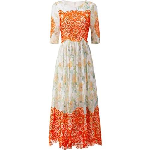 DIDABOLE Designer High-Quality Summer New WomenS Embroidery Hollow Patchwork Printing Fashion Elegant Chiffon Party Long Dress