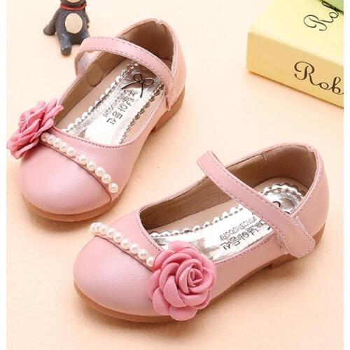 Teens Flower Children Girls Pears Beading Leather Shoes Shoes For Girls School Pink Beige Princess Dress Shoes 5 6 8 9 12 Years