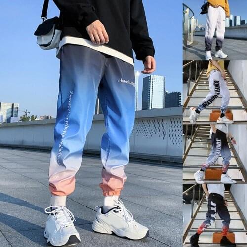 2021 New Men Hip Hop Joggers Pants Streetwear Autumn Winter Gradient Color Letters Print Casual Harem Pants Ankle Tied Trousers