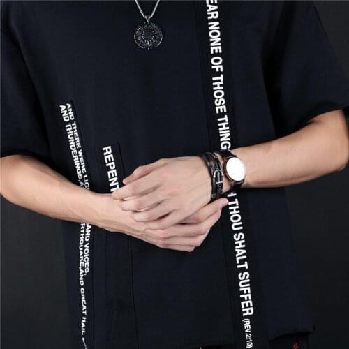 European American Fashion YSM B376 Jewelry 2021 Trend Stainless Steel Black Men Bracelet DIY Weave PU Leather Anchor Bracelet