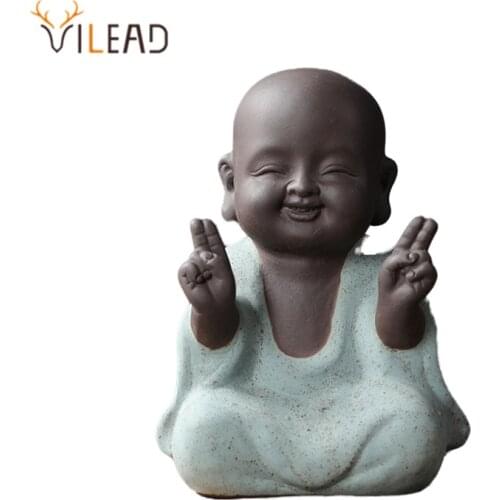 VILEAD 9cm Buddha Statues Small Monk Buddhism Figurines Tea Pet Statuette Feng Shui Ceramic Home Club Geomantic Decoration