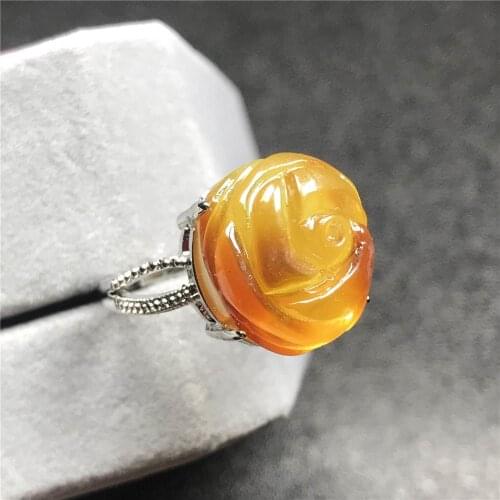 Top Natural Flower Carved Yellow Amber Ring For Woman Man Crystal Silver 15x14mm Beads Gemstone Adjustable Ring Jewelry AAAAA