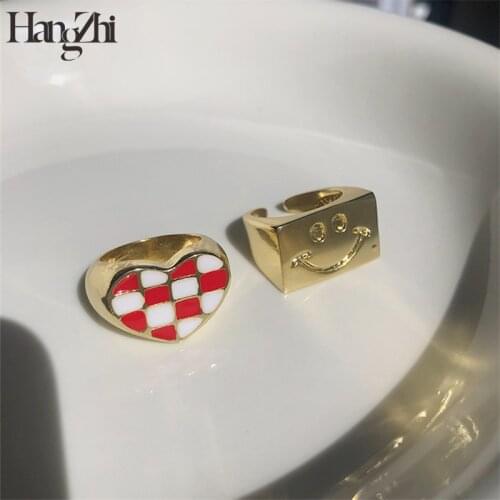 HANGZHI 2021 New Korean Metal Geometric Square Smiley Heart Open Rings Gold Color for Women Girls Summer Jewelry Gifts