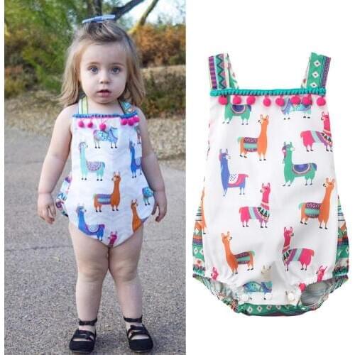 Newborn Toddler Baby Girl Romper Tassel Cartoon Printed Jumpsuit Clothes Outfits 0-24M