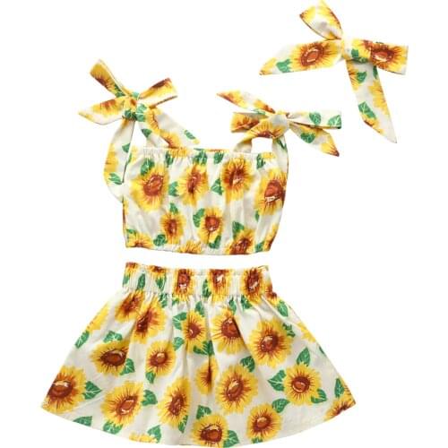3PCS Toddler Girls Summer Clothes, Sunflower Print Bow Tie Strap Tank Tops + Mini Skirt + Headband Set