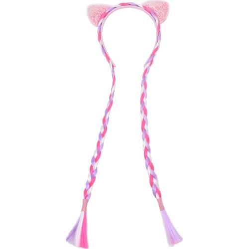 Cute Rainbow Color Ponytail Headband Glitter Ears Kids Girls Princess Braid Wig Hair Bands Birthday Crown Party Hair Accessories