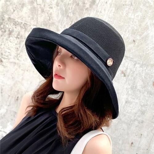 Fashion Women Summer Foldable Anti-UV Beach Hat Solid Color Net Mesh Large Wide Brim Sun Cap Ladys Sunscreen Hats Pemale Caps