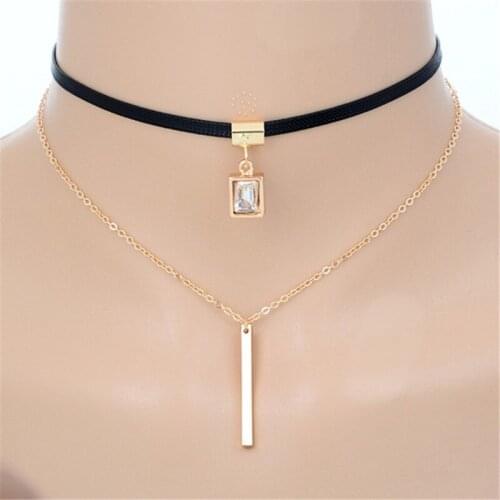 Fashion Trendy Double Layer Chokers Necklaces Black Faux Leather Choker Collares Bar Square Crystal Pendant For Women Jewelry