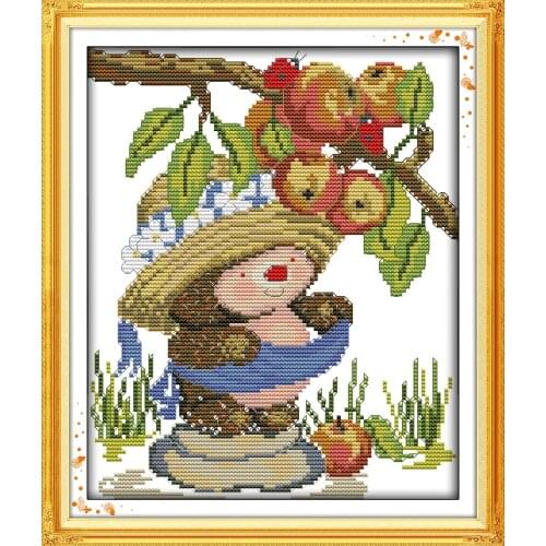 The hedgehog picking apples cross stitch kit aida 18ct 14ct 11ct cloth counted printed canvas set stitches embroidery handmade