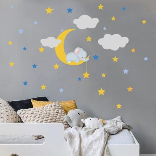 Cartoon baby elephant moon star wall sticker baby kids room bedroom wallpaper living room for home decoration beautiful stickers