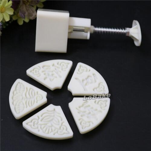 New arrivals 1 plunger + 5 stamps with Chinese words " lv dou gao " fan shape ABS plastic moon cake mold green bean cake mould
