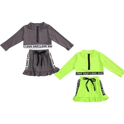 2020 Autumn Fashion Kids Baby Girls Clothes Sets Letter Ruffles Long Sleeve Zipper Sweatshirt Tops Skirts 2pcs Outfit