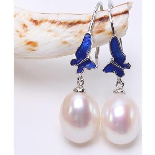 Oval Pearl Silver 925 Jewelry Drop Earrings Jewelry Earrings Freshwater Pearl Blue Butterfly Earing(9.5*11.5mm White Pearl)