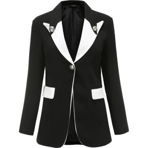 Black and White Contrast Color Suit Jacket Women Spring Autumn New Slim Office Lady Coat Long Sleeve Single Button Casual Blazer