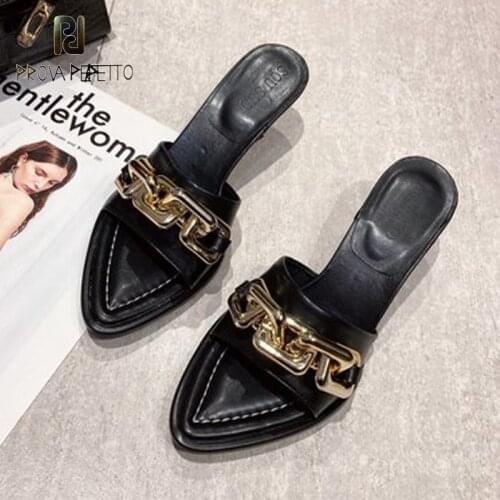 Summer Pointed Toe Black Metal Chain Stiletto Slippers New Open-toed Leather Fashion Ladies High Heel Sandals and Slippers