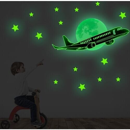Vacclo Luminous Aircraft Star Wall Stickers Living Room Bedroom Decoration Childrens Room Fluorescent Decorative Wall Decals