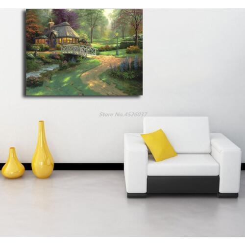 Thomas Kinkade Friendship Cottage Painting Wall Art Posters Oil Canvas and Prints Picture for Living Room Artwork Home Decor