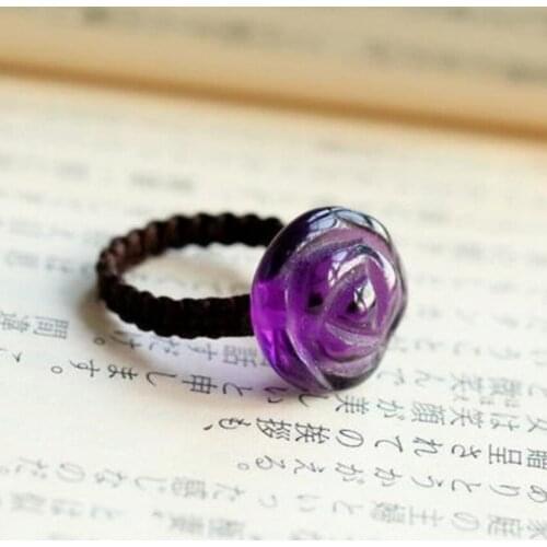 FYJS Unique Handmade Weave Rose Flower Natural Purple Amethysts Crystal Resizable Finger Ring Ethnic Style Jewelry