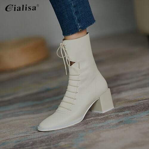 CIALISA Shoes 2020 New Design Genuine Leathert Round Toe Chunky Heel Boots For Women Autumn Winter Lace Up Mid-Calf Boots