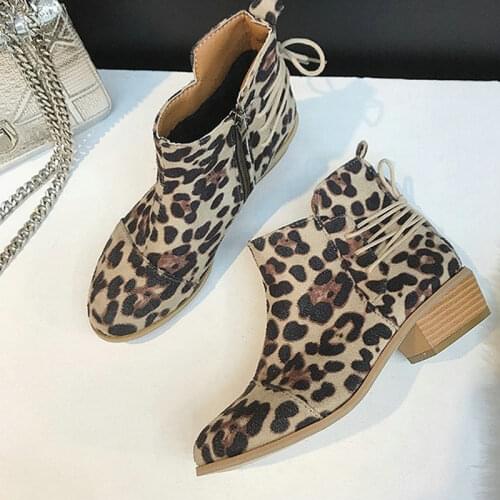 Women Faux Suede Slim Boots Leopard Point Toe High Heel Platform Ankle Lace Up Combat Ladies Shoes Snow Boots Botas Mujer