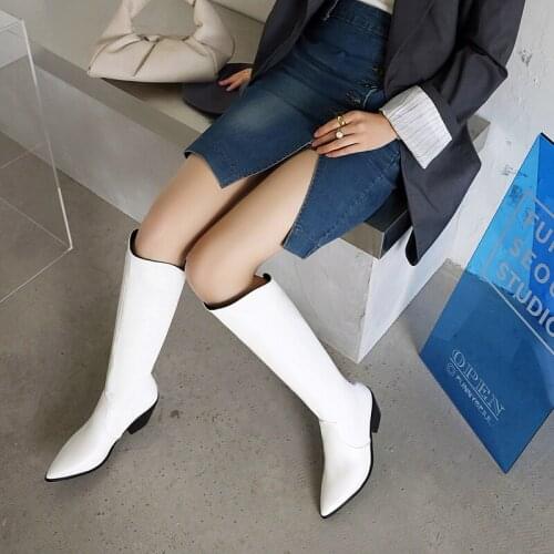 Womens Knee Boots 2020 Winter Ladies Leather High Heel Shoes Plus Size Plush Zapatos Para Mujer Pointed Toe Luxury Boot New