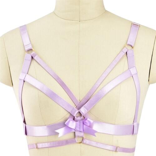 Wholesale Light Purple Bow Open Chest Bra Woman Bondage Body Harness Suspender Belt Dance Sexy Lingerie Body Cage Harness Bra