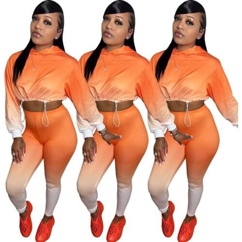 2021 Autumn Women Two Piece Set Gradient Color Hooded Crop Tops And Pencil Pants Fitness Joggers Sportwear Set For Women Outfit
