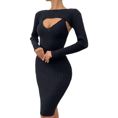 Women Close-fitting Two-piece Clothes Set Black Solid Color Long Dress and Crop Tops, S/ M/ L