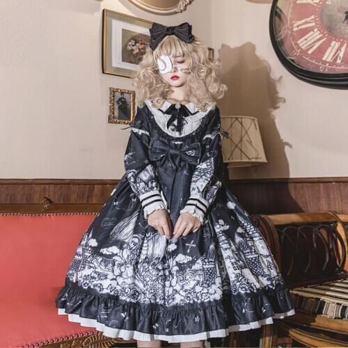 Gothic Lolita Dark Color loli Autumn Winter daily Lolita High Waist Kawaii Girl Cos Long Sleeve Dress Women