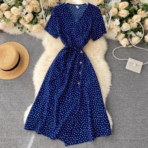 French style retro polka dot V-neck short-sleeved dress women slim waist lace-up single-breasted beach dress