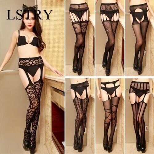 Women Sexy Lingerie Stripe Lace Elastic Stockings Transparent Black Fishnet Stocking Thigh Sheer Tights Embroidery Pantyhose