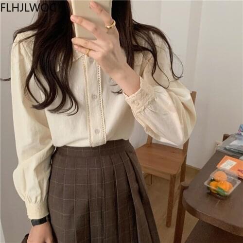 2021 Cute Sweet Cotton Linen Vintage Tops Japanese Kawaii Style Girls Flhjlwoc Women Solid Single Breasted Button Casual Shirts