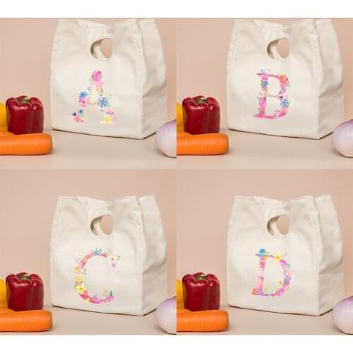 A-Z Flower Letters Print Lunch Bag School Canvas Cute Food Storage Bags Aesthetic Functional Female Bag Canvas Office Lunch Bag