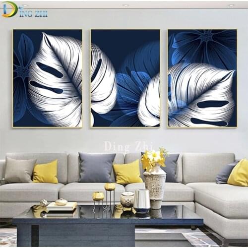 Abstract Blue White Plant Leaf 5D Diy Diamond Painting Modern Home Decor Picture Cross Stitch Embroidery Handmade Mosaic 3Pcs