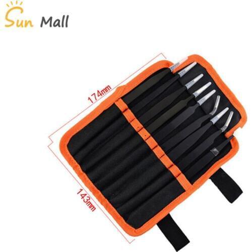 Anti-static tweezers Black straight round head elbow flat head pointed ESD tweezers set