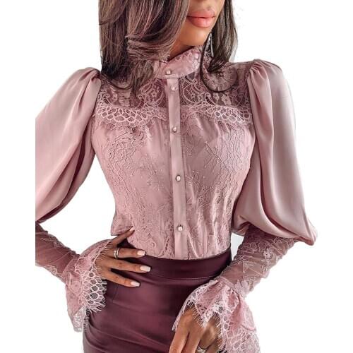 Free Shipping Womens Solid Color Loose Chiffon Lace Long Lantern Sleeve Patchwork Button Casual Fashion Blouse 2020 Hot Sale