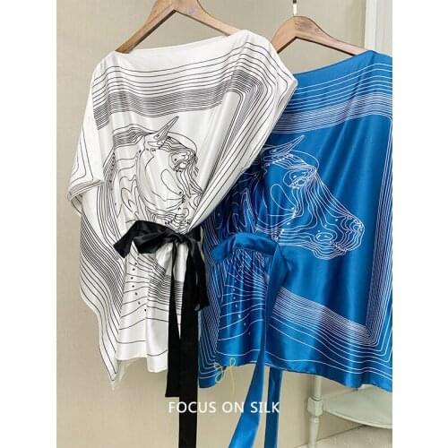 Blouses New 100% silk & Shirts goods For special Printed silk blouse female bind square type waist satin mulberry silk blue