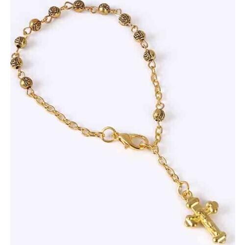4mm Charm Little Rose Bead Rosary Cross Bracelet Jewelry Lady Charm Bead Bracelet, Children Baptism Bracelet