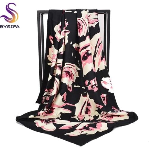 [BYSIFA] Women Black Silk Scarf Cape New Chinese Style Floral Design Muslim Twill Head Scarves Shawls For Fall Winter Pink Blue