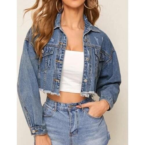 Denim Jacket Women Solid Long Sleeve Cropped Tops Female Coat Jackets Frayed Single Breasted Loose Casual Spring Autumn 2021 New