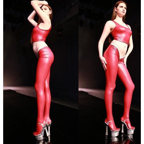 Glazed Leather Latex Shiny Zip Low Waist Pantyhose Women Sexy Capris S-XXL Oversize Moto Biker Trousers Club Stage Shiny Legging