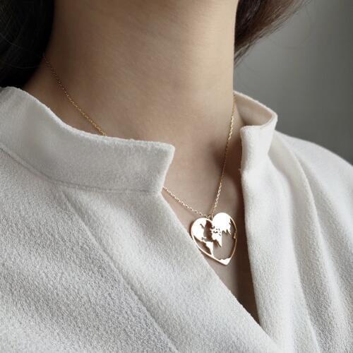 925 Sterling Silver Choker Necklace Simple Love World Map 18K Yellow Gold Hollow Heart Anniversary Gift Promise Short Necklace