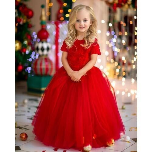 Customized Red New Year Christmas Dress For Girls Costume Kids Dresses Princess Evening Party Dress 3 6 7 8 14Years