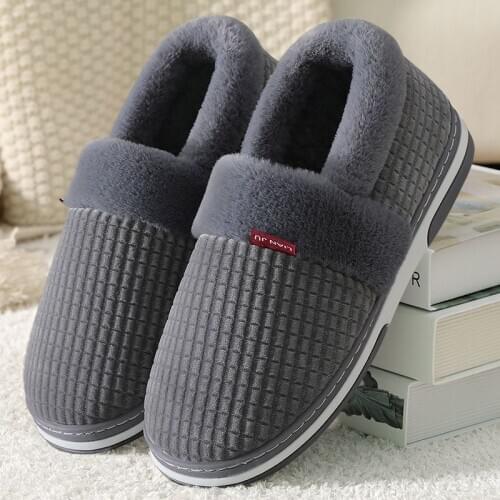 WEH men winter slippers with fur inside Warm Suede Plush Gingham House shoes for men Home mens room slippers Soft Antiskid