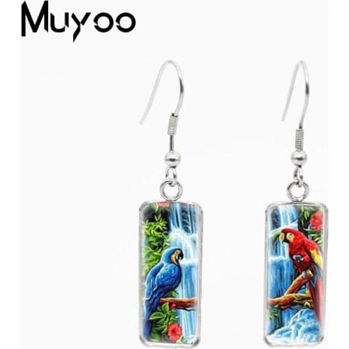 New Fashion Painting Red Parrots Couples Print Glass Cabochon Rectangle Fish Hook Earrings Handcraft Jewelry Earrings