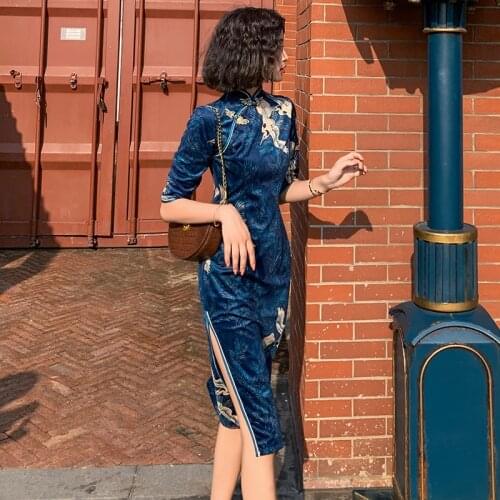 Oriental Dress Large Size QiPao Blue Cheongsam Velvet MidSleeve Cheongsams High-End Chinese Traditional Dress Cheongsam Dress