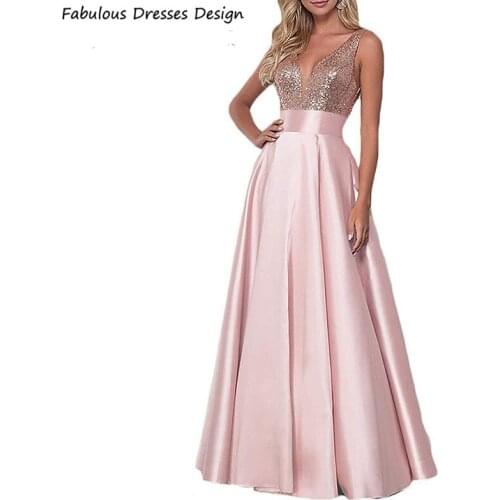 Bling Sequin A Line Bridesmaid Dresses Long Sexy V-neck Backless Satin Bridal Party Dress Wedding Gown For Women