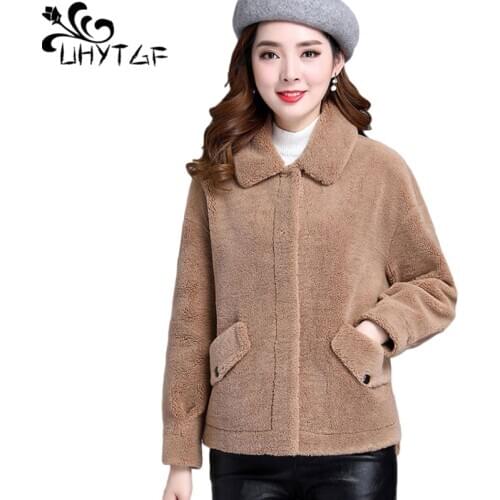 UHYTGF Sheep Sheared Warm Autumn Winter Fur Coat Women Quality Lambswool Casual Short Jacket Korean Loose Plus Size Outwear 1182